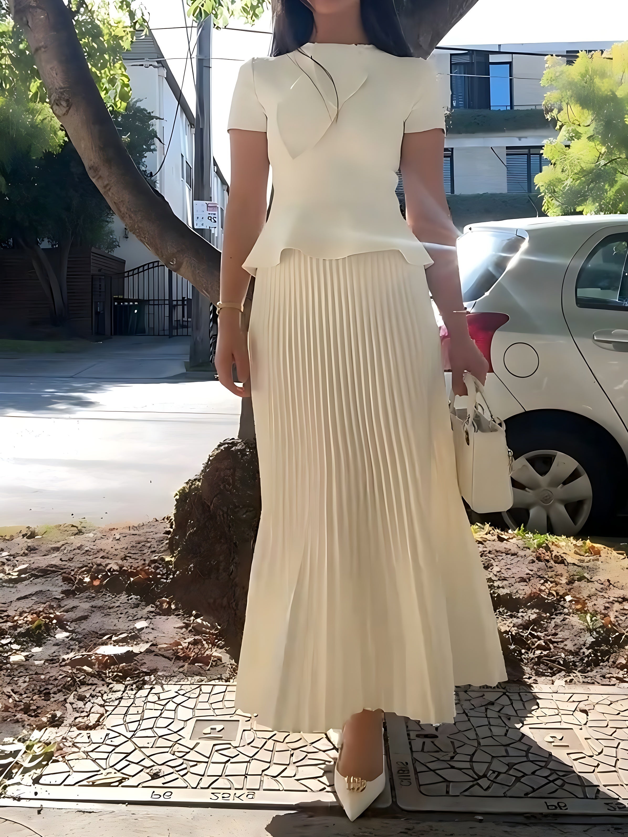Crepe Knit Cravat Top & Pleated Suiting Maxi Skirt