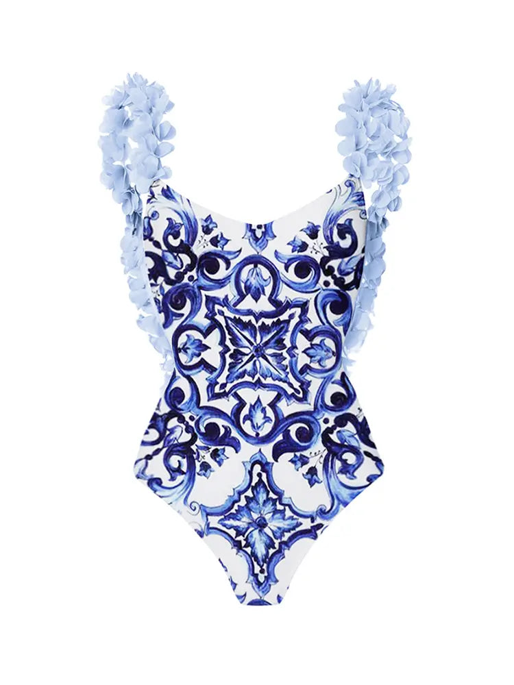 Blue One-Piece Bikini with Handmade Applique