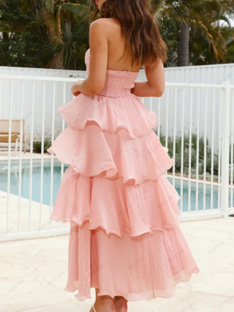 Chic Strapless Backless Tiered Midi Dress