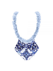Blue One-Piece Bikini with Handmade Applique