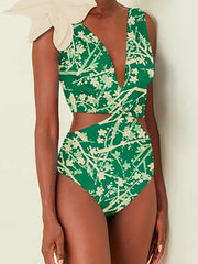 Floral Appliqué Green Printed One-Piece Swimsuit