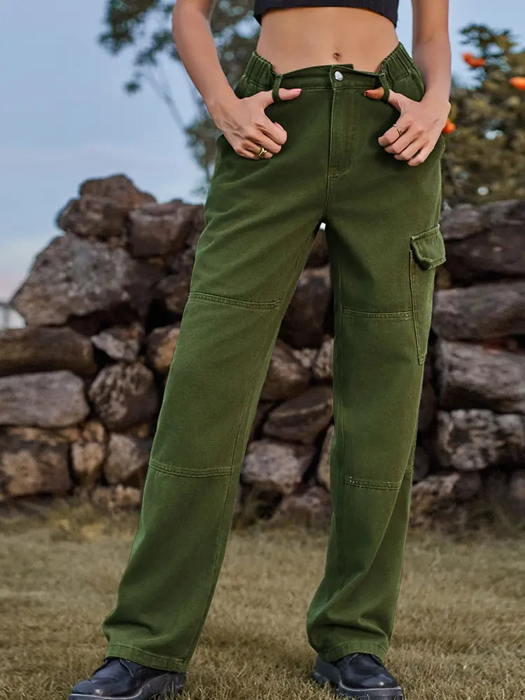 Elastic Waist Relaxed Fit Denim Cargo Pants