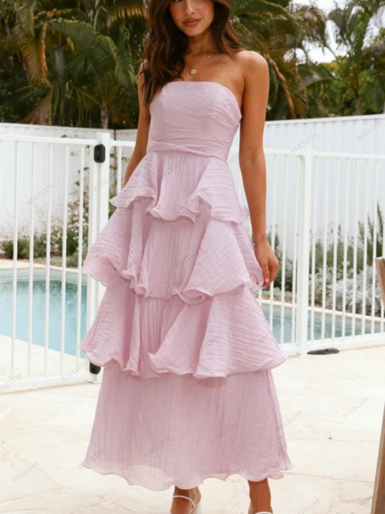 Chic Strapless Backless Tiered Midi Dress