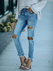 Street Style Ripped Slim-Fit Ankle-Length Jeans
