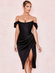 Cap Shoulder Corset Bodycon Midi Dress - Black