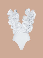 White V-Neck Ruffle Swimsuit