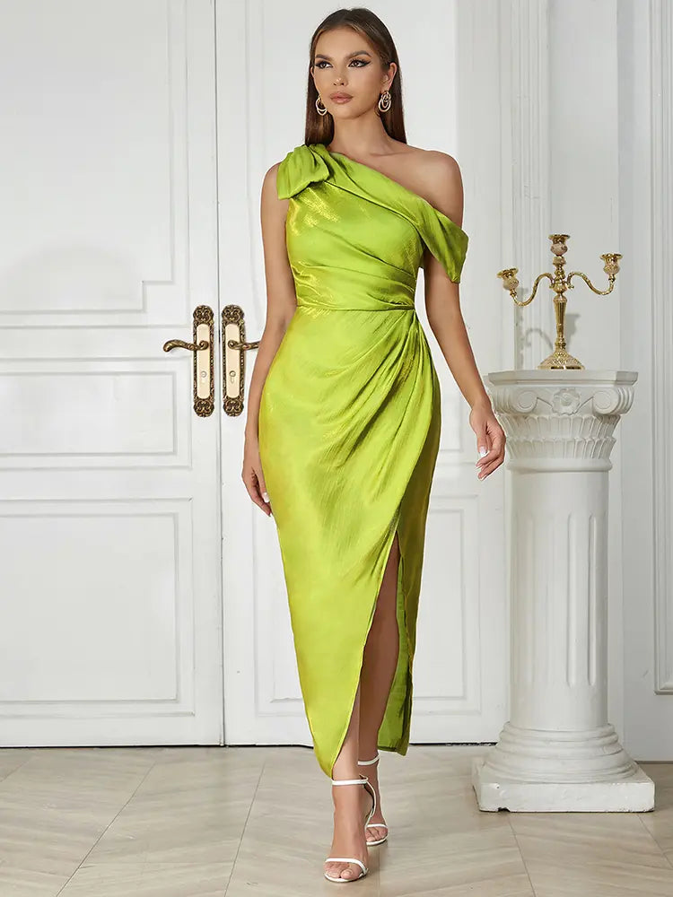 Asymmetric Shoulder Long Evening Dress