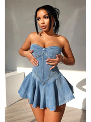Strapless Ruffle Denim Dress