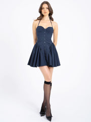 Navy Blue Pinstripe Halter Low-Waist Mini Dress