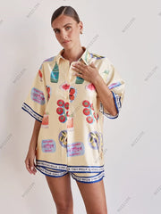 Casual Cartoon Print Collar Cardigan & Shorts Set