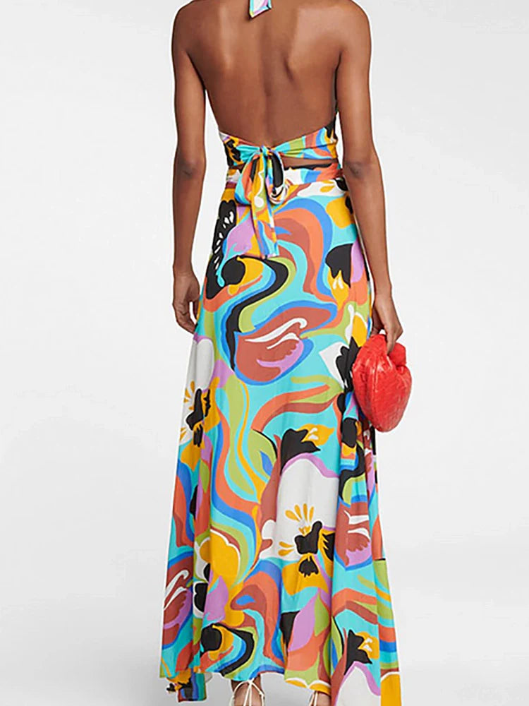 Deep V Halter Neck Print Swimsuit Set