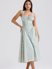 Soft Blue Vintage Floral Print Backless Tank Dress