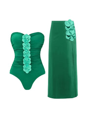 Green 3D Floral Strapless Swimsuit