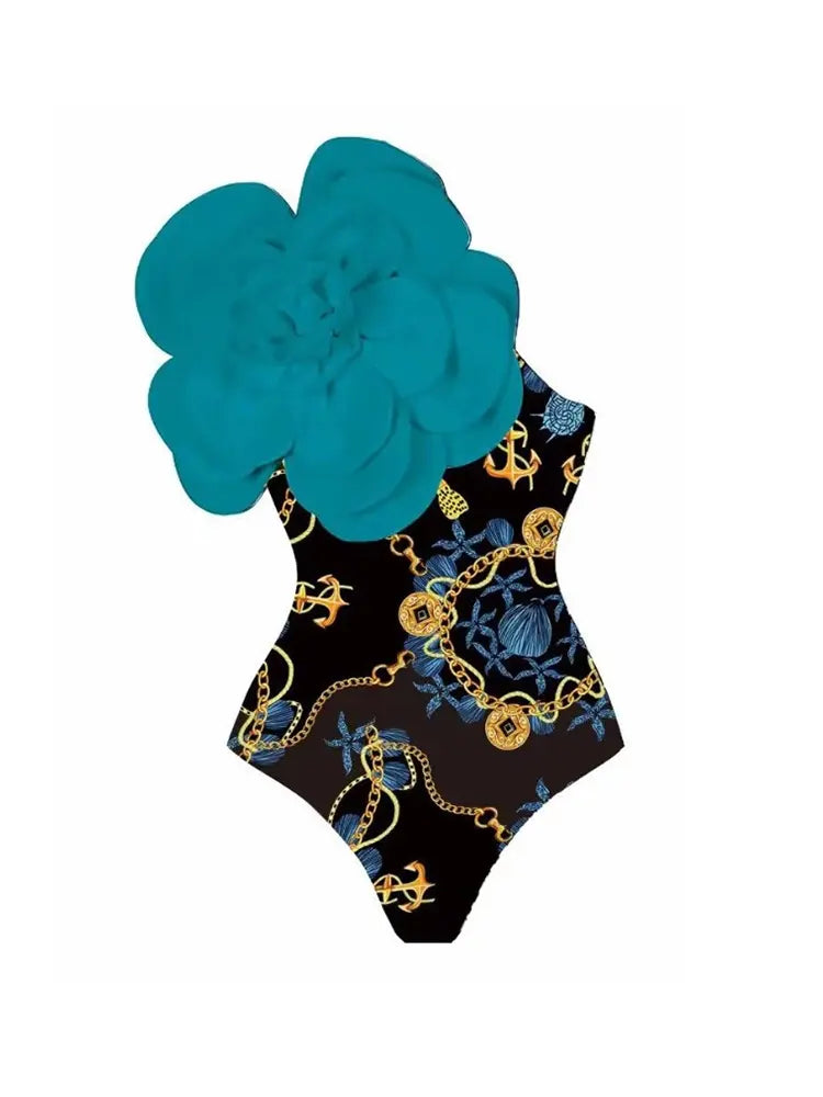 3D Blue Floral Bust Decor Printed Swimsuit