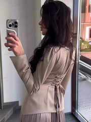 Color Block Splicing Slim Fit Lace-Up Long Sleeve Maxi Dress