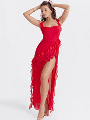 Ruffled Long Maxi Slip Dress - Red