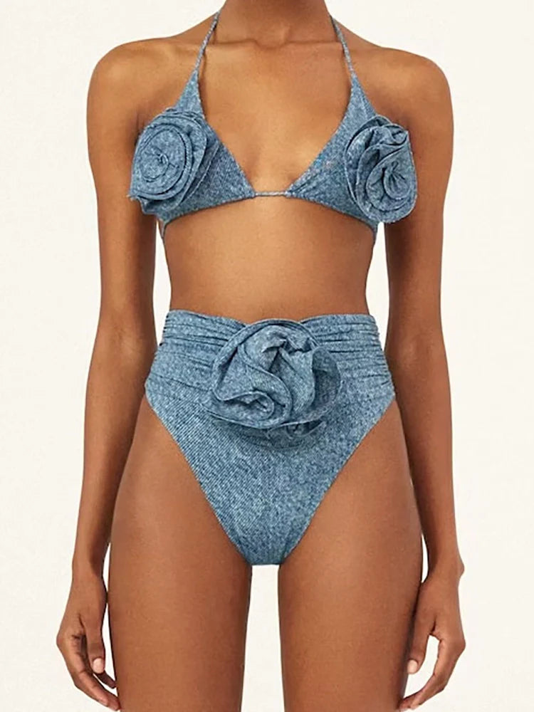3D Floral Halter Bikini Set