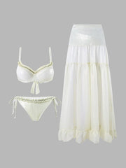 Ruched Tie-String Glossy White Bikini Set