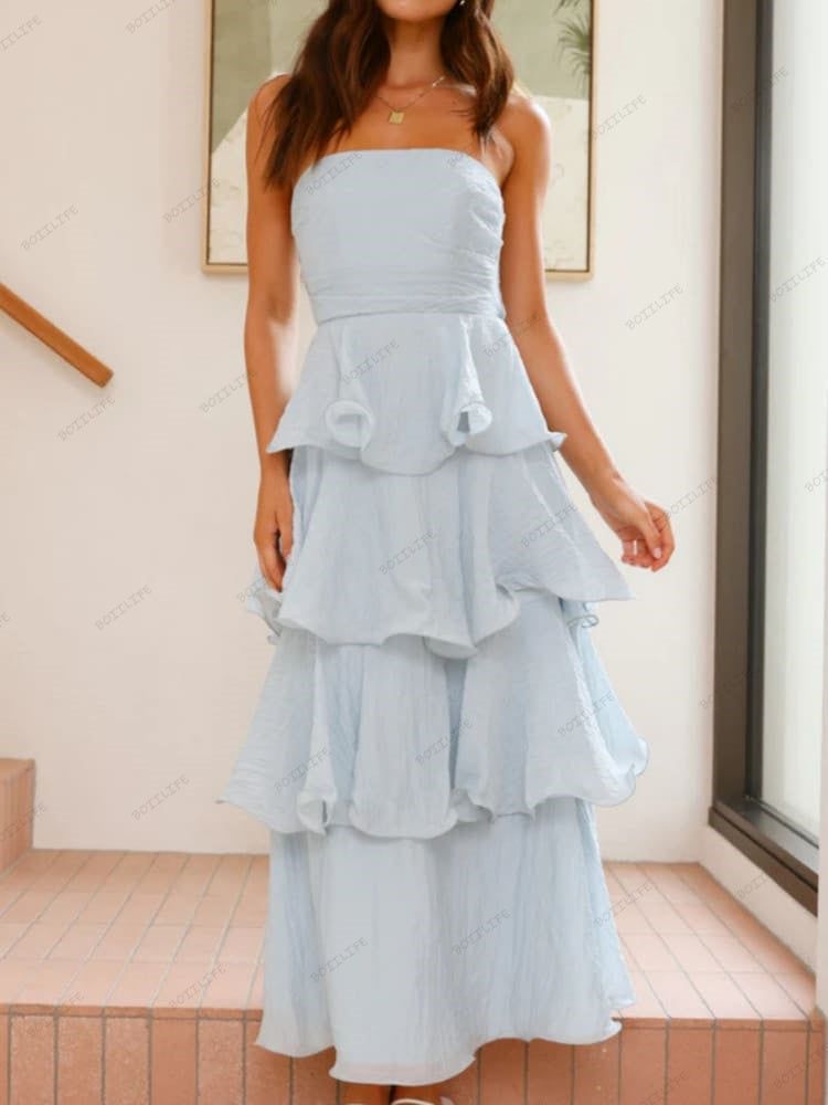 Chic Strapless Backless Tiered Midi Dress