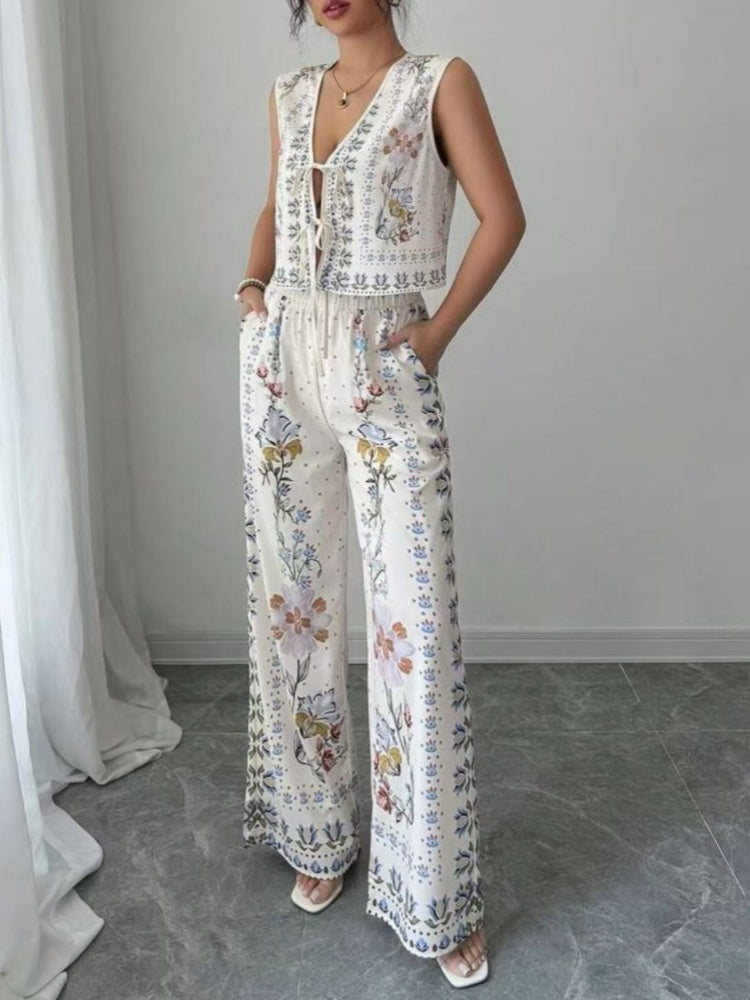 Tie-Up Vest & Wide-Leg Pants Set â€?Sky Blue Print