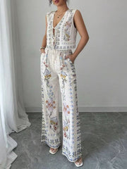Tie-Up Vest & Wide-Leg Pants Set â€?Sky Blue Print