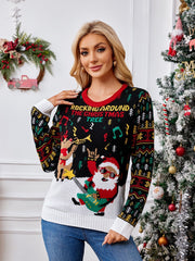 Knit Crewneck Embroidered Sweater â€?Santa Claus & Musical Notes