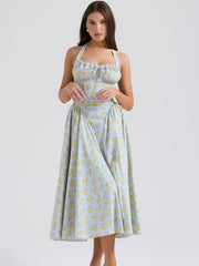 Soft Blue Vintage Floral Print Backless Tank Dress