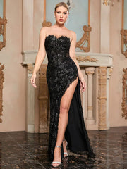 Strapless Bodycon Side-Slit Evening Gown