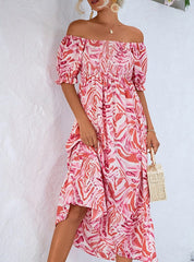 Smocked Print Off The Shoulder Midi Dress