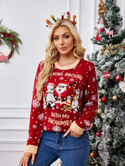 Casual Crewneck Embroidered Sweater â€?Santa Claus & Penguin