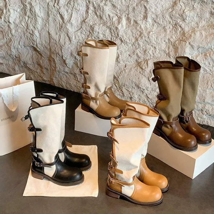4cm Thick Heel~Fold Over Double Belt Buckle Boots