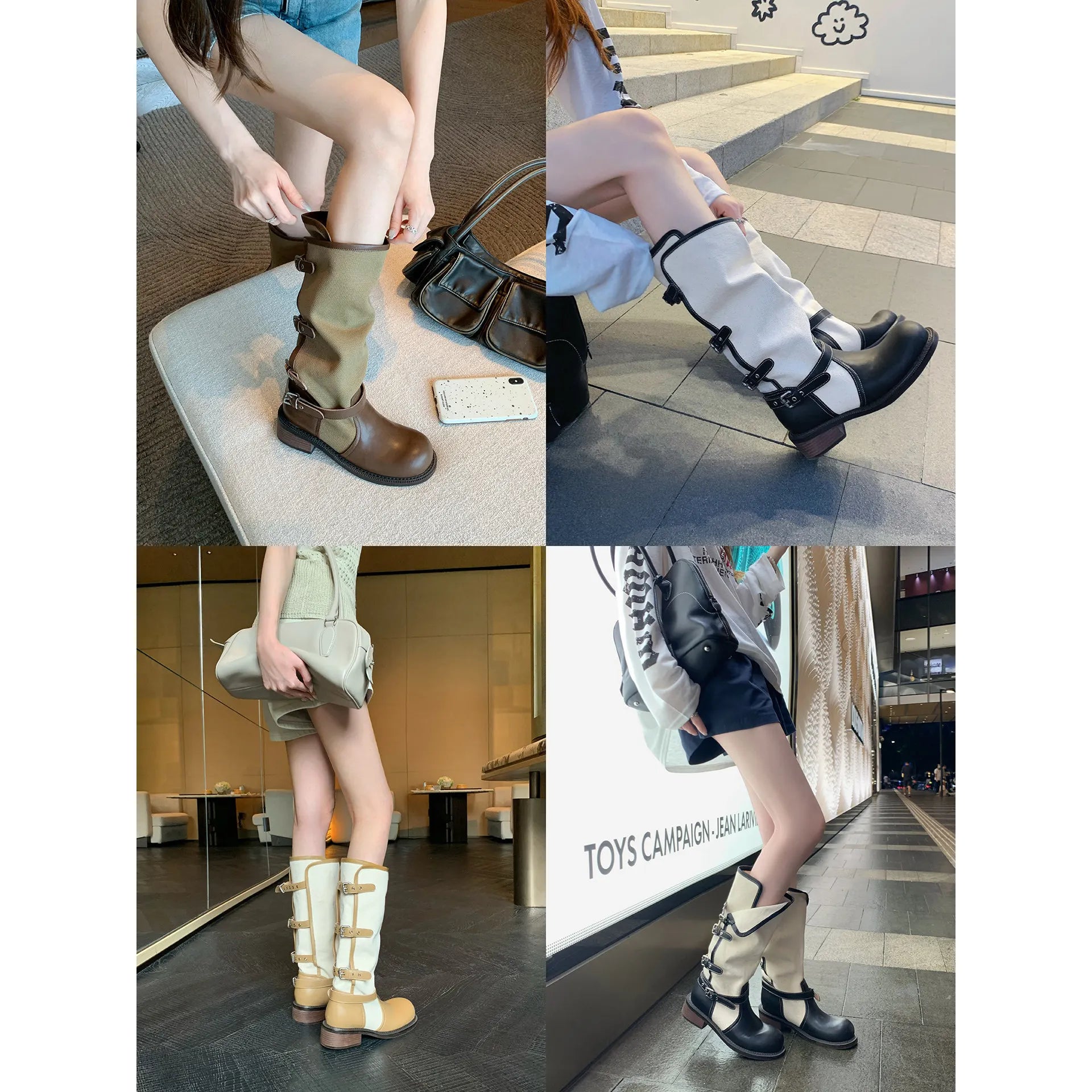 4cm Thick Heel~Fold Over Double Belt Buckle Boots