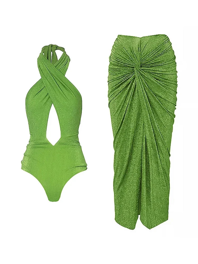 Sparkling Fabric Halter Neck Swimsuit Set