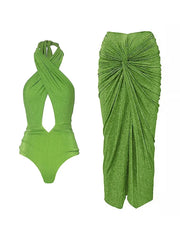 Sparkling Fabric Halter Neck Swimsuit Set