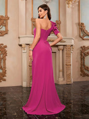 Asymmetrical Neckline High Slit Dress