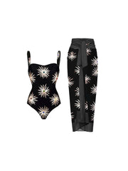 Print Sheen Quick-Dry One Piece Swimsuit with Sarong - Fireworks