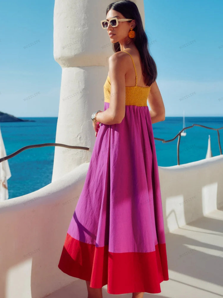 Vacation-Style Color Block Spaghetti Strap Dress