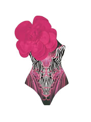3D Fuchsia Floral Bust Decor Printed Swimsuit