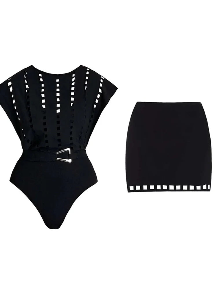 Cutout Swimsuit with Mini Skirt Set