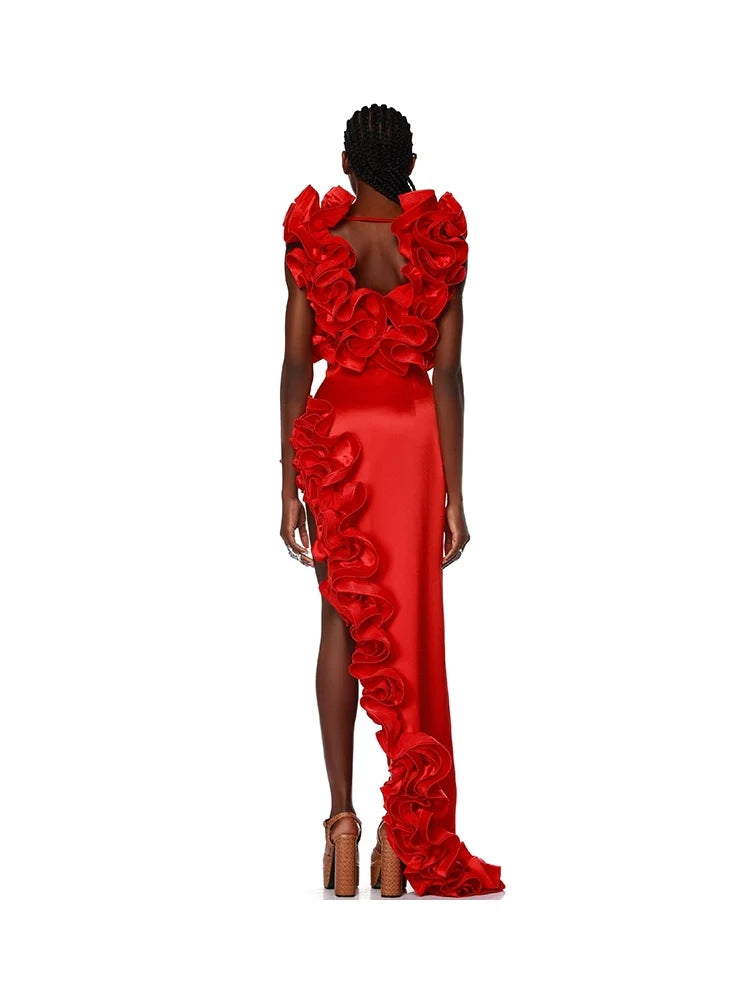 Ruffled V-Neck Red Asymmetrical Swimsuit Set