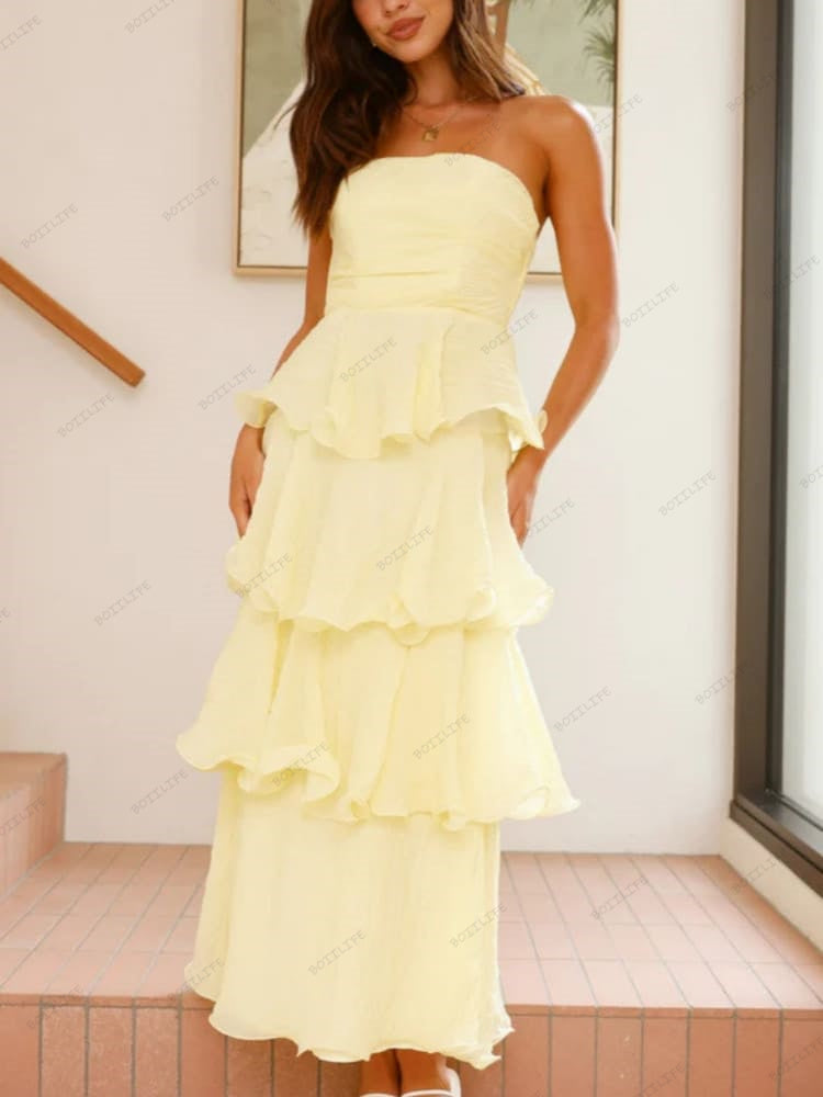 Chic Strapless Backless Tiered Midi Dress