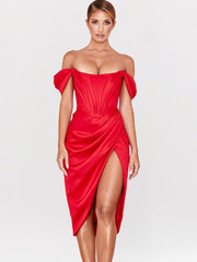 Cap Shoulder Corset Bodycon Midi Dress - Red