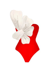Orange Swimsuit Set Pearl Flower Detail