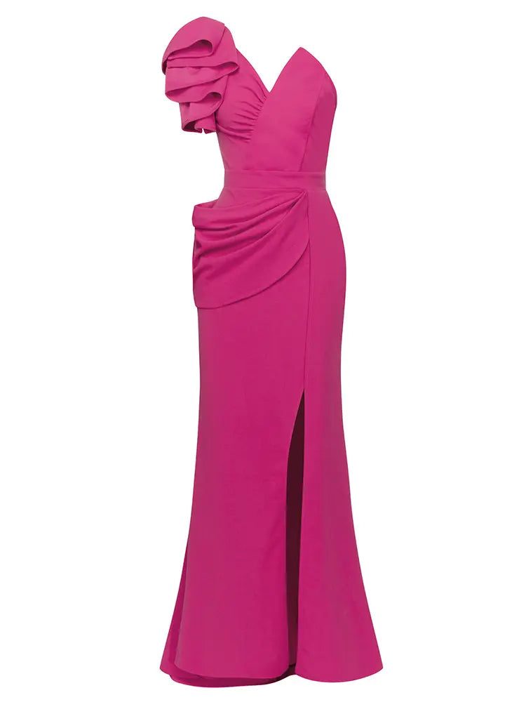 Asymmetrical Neckline High Slit Dress