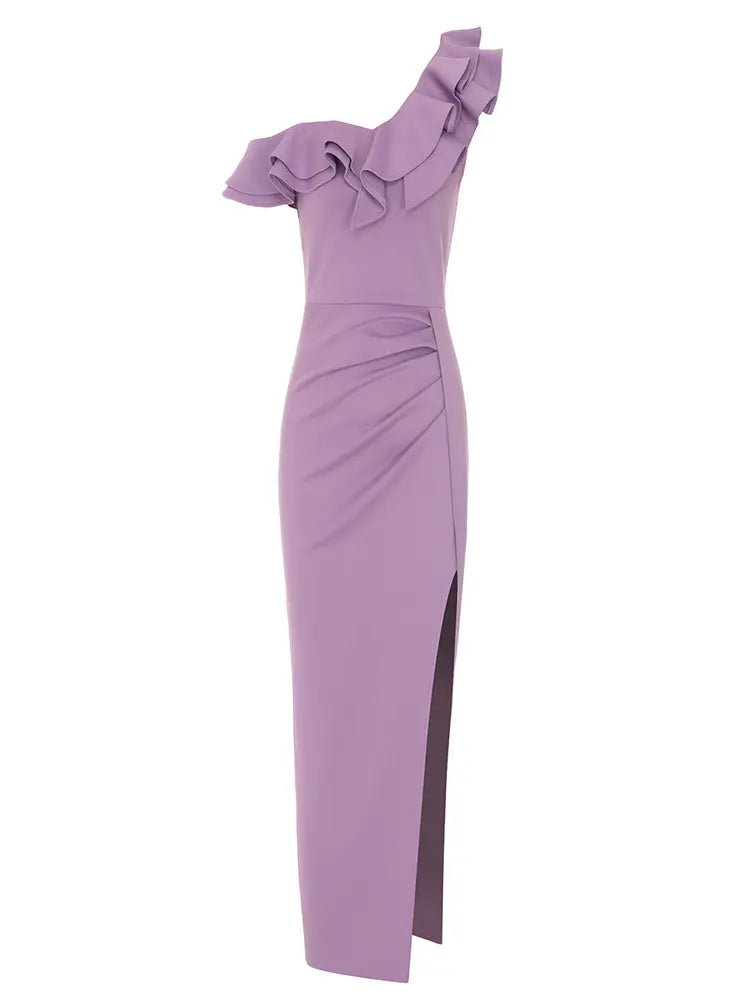 Shoulder Ruched Slit Dress