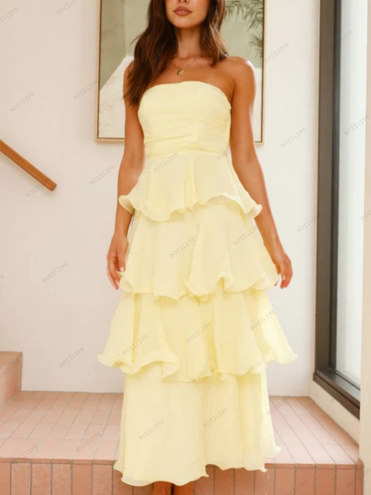 Chic Strapless Backless Tiered Midi Dress