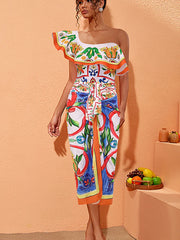 One Shoulder Enamel Print Swimsuit Set