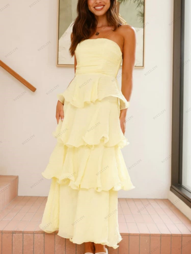 Chic Strapless Backless Tiered Midi Dress