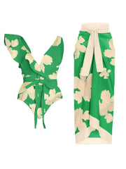 Belted Printed Swimsuits with Wrap Skirt Set