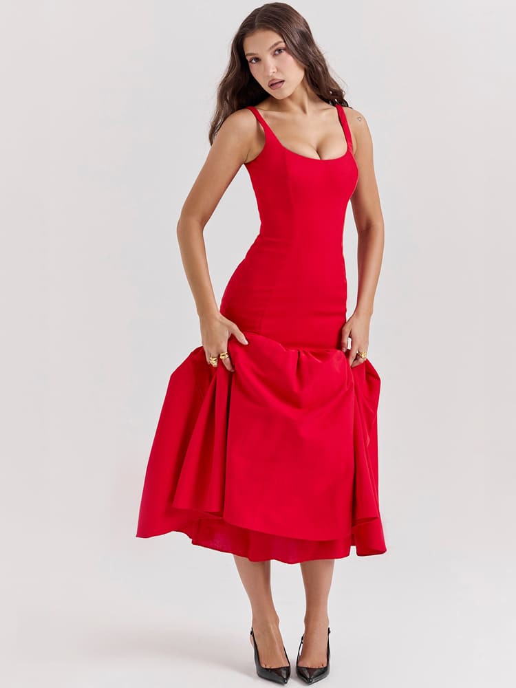 Low-Waist Bodycon Midi Dress - Scarlet Red